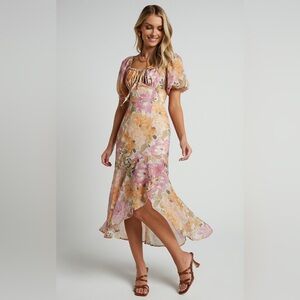 NWT Showpo Jasalina Floral Milkmaid Midi Dress Puff Sleeve In Elegant Rose Sz 2